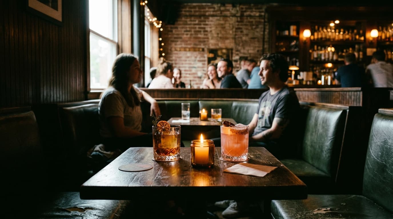 A centered, medium shot of a candle-lit corner booth at Vacation Bar. Two ornate, half-finished craft cocktails sit on a d...