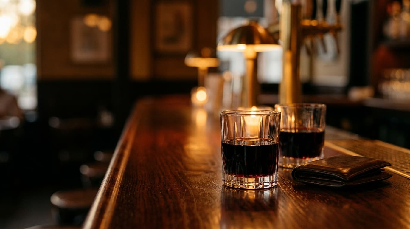 A polished mahogany bar top at dusk. Two crystal glasses filled with deep red wine sit beside a vintage leather wallet, so...
