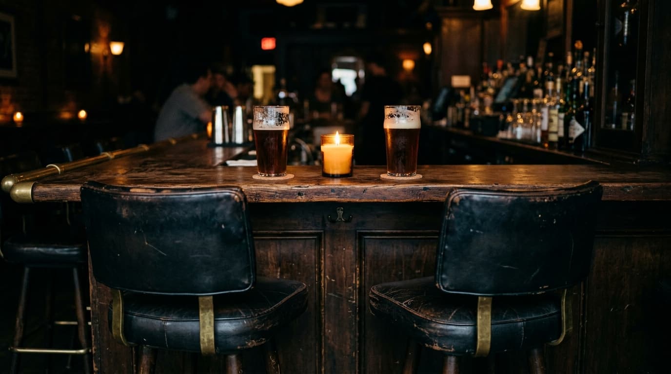 A medium shot of two worn leather bar stools at a dimly lit DTSA cocktail bar. Two half-poured craft beers sit on the dark...
