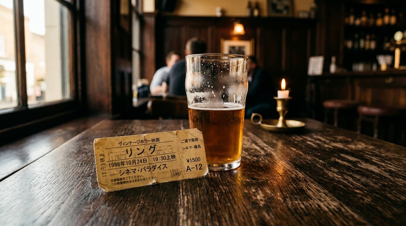 A worn vintage cinema ticket for a Japanese horror film rests on a dark wooden pub table next to a half-empty craft beer g...