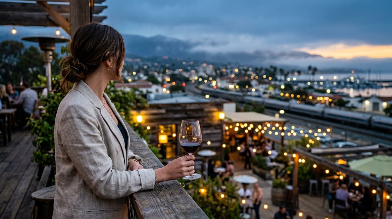 Over-the-shoulder, 85mm shot of a woman in a linen blazer holding a glass of wine at a Funk Zone tasting room, soft bokeh...