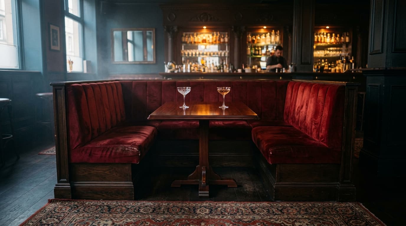 A low-angle, centered, 24mm wide-angle shot of a dimly lit, plush velvet booth at The Good Lion. Two crystal cocktail glas...
