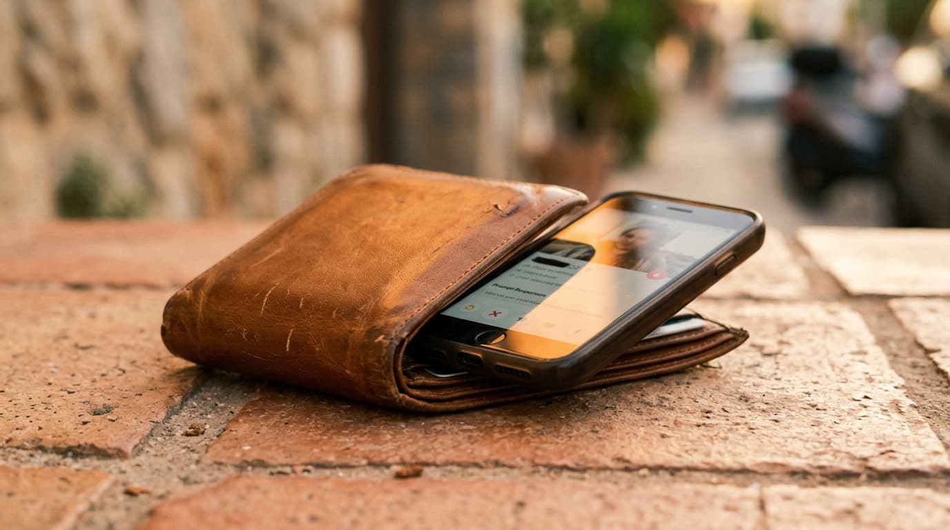 A tight 100mm macro shot captures a worn leather wallet resting on a sun-drenched terracotta tile stoop. A smartphone scre...