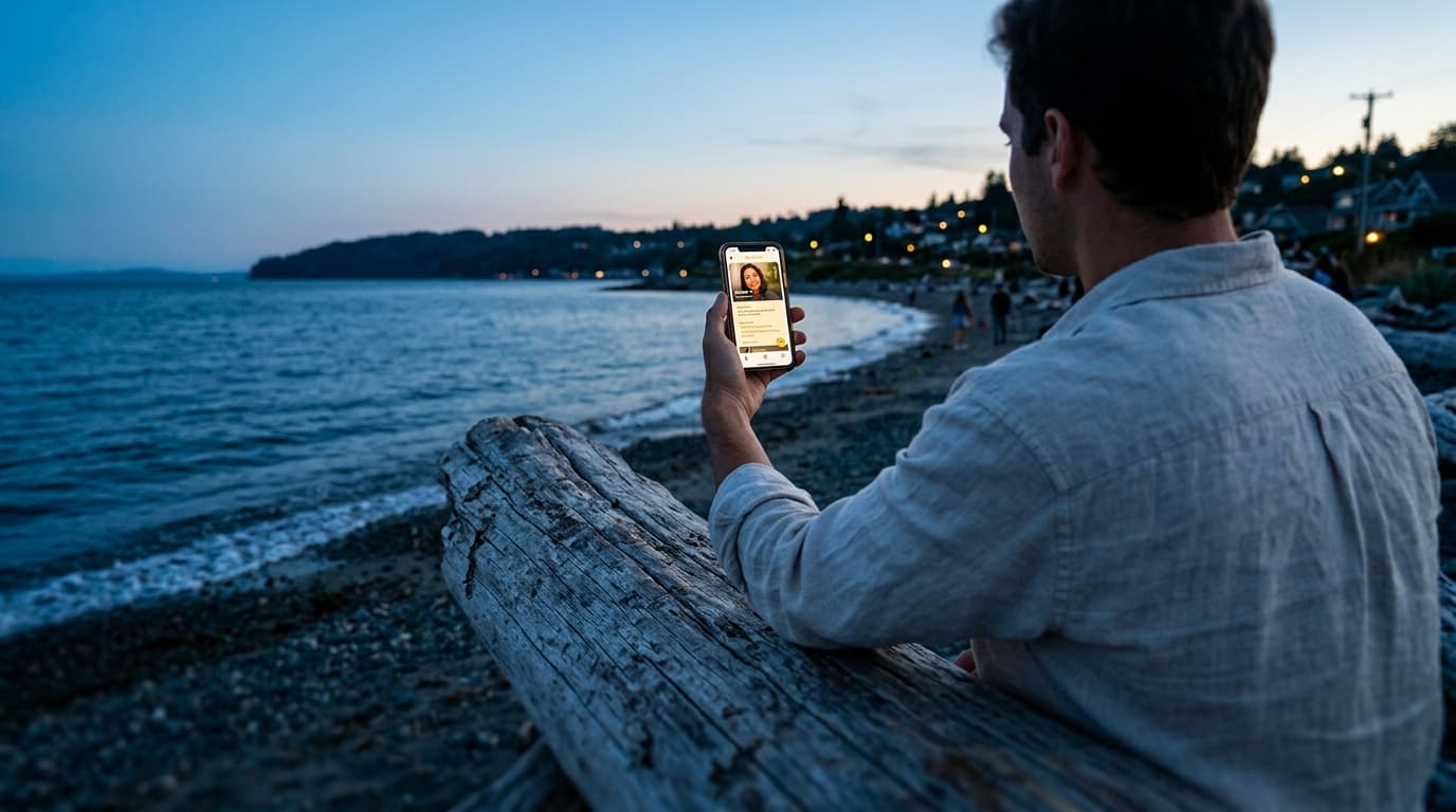 Over-the-shoulder view from a driftwood log at Hendry’s Beach during blue hour. A person in a linen shirt holds a phone sh...