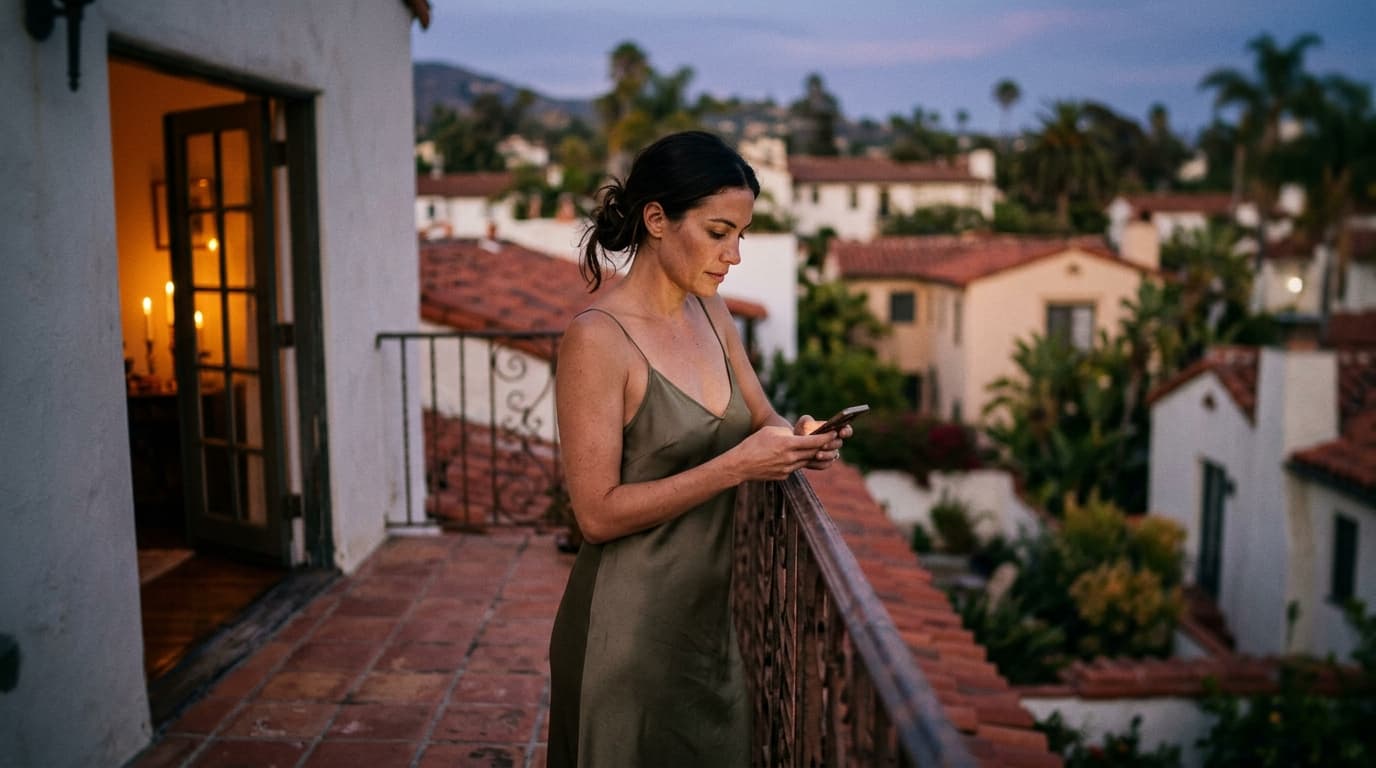 A woman in a silk slip dress stands on a terracotta-tiled balcony at dusk, holding a smartphone. Selective focus draws the...