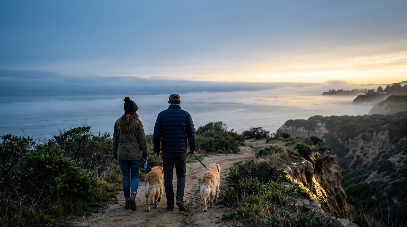 An over-the-shoulder view of a couple walking two golden retrievers along the coastal bluffs at Douglas Preserve during bl...