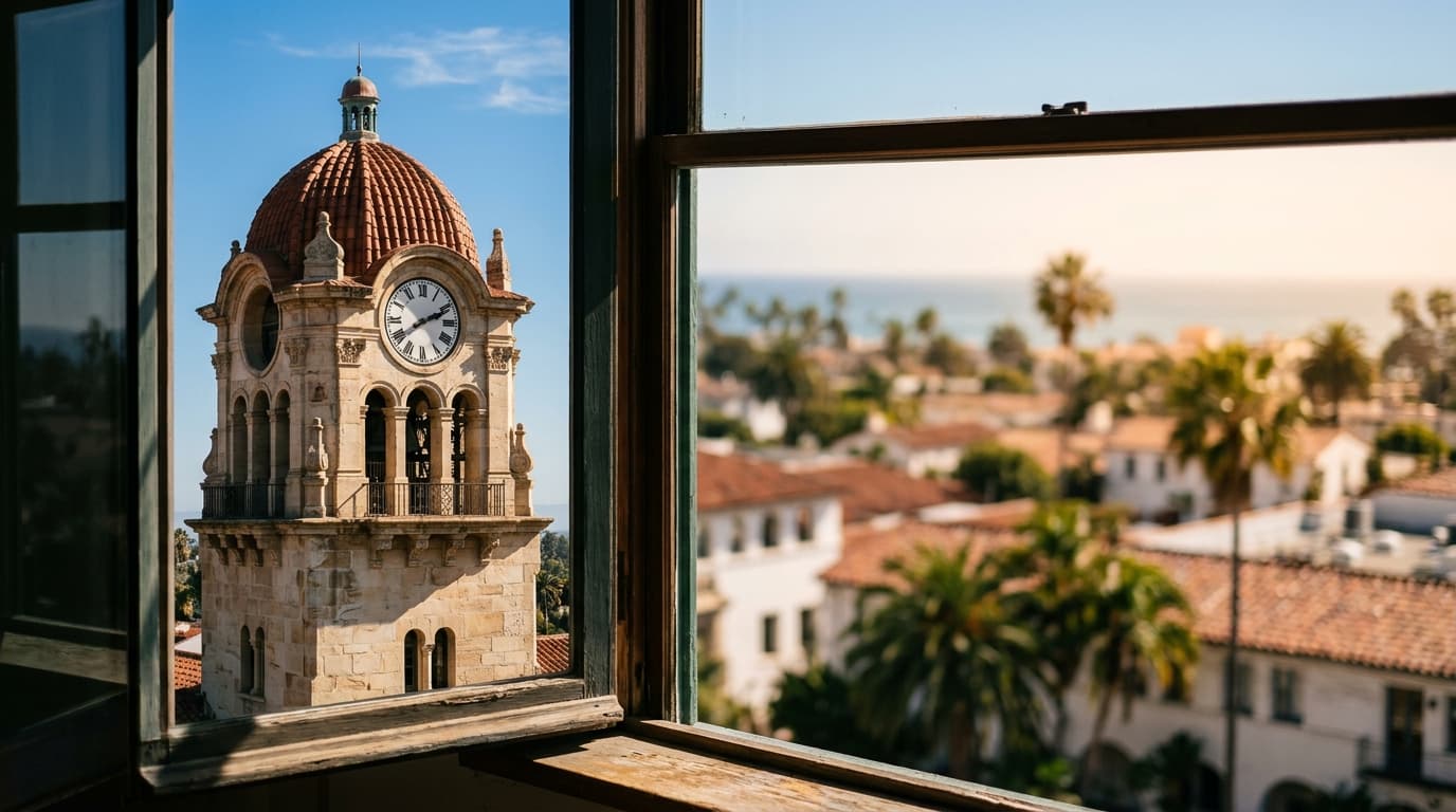 A sharp 85mm close-up of the iconic Santa Barbara County Courthouse clock tower offset left, bathed in bright noon light,...