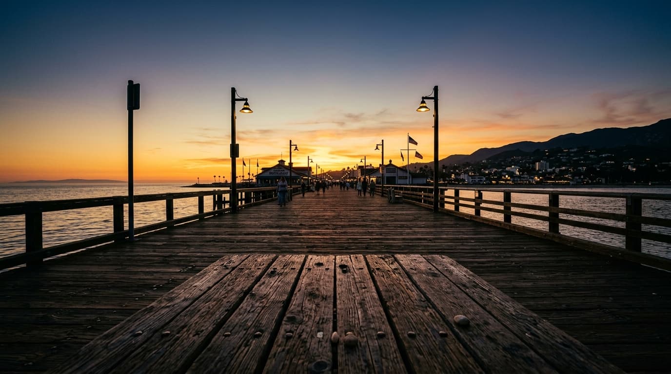 An extreme 24mm wide-angle shot of the sun dipping behind the Stearns Wharf pier at dusk, centered symmetrically, highligh...