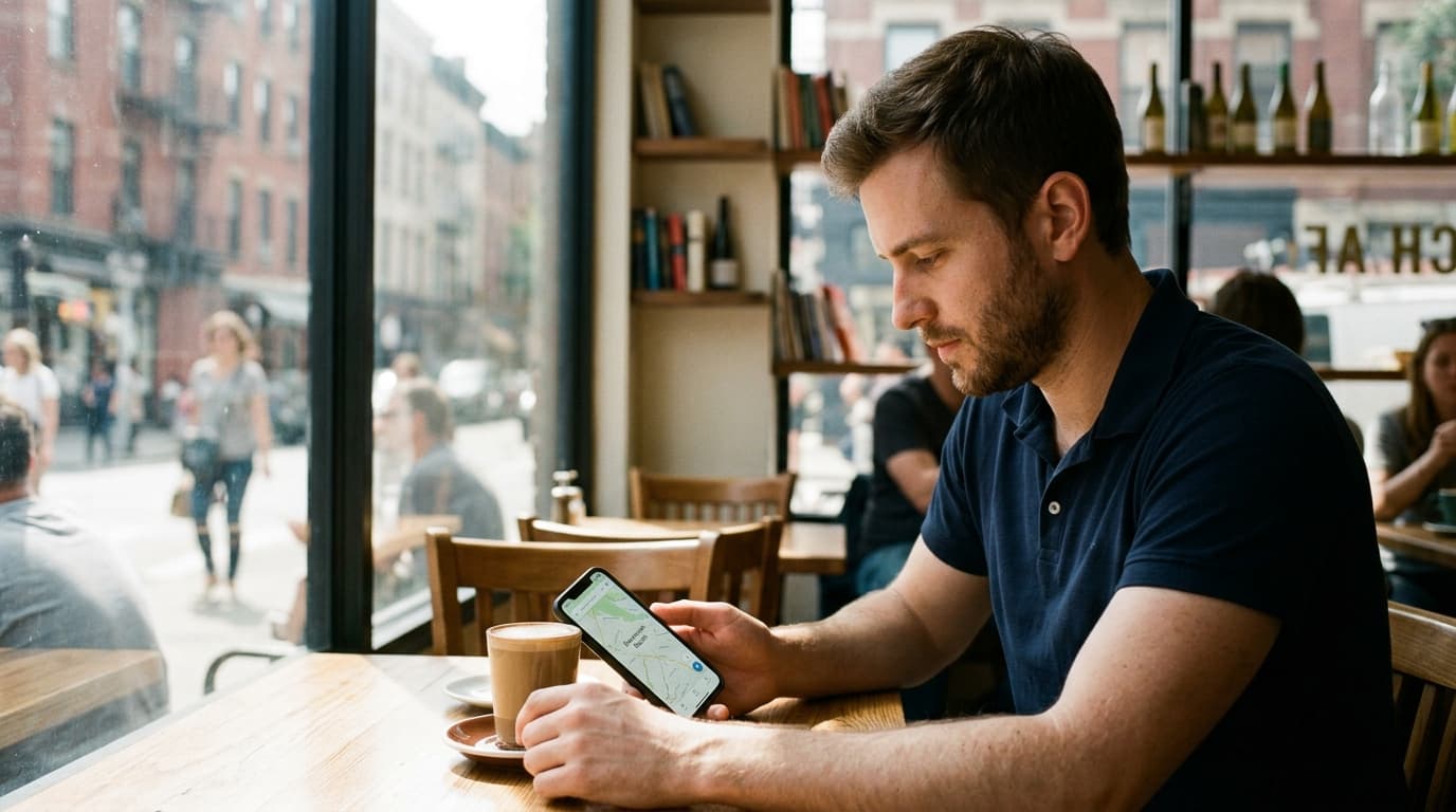 A man in a navy polo shirt sits at a sunlit wooden cafe table, his smartphone screen displaying a local map of Stevenson R...