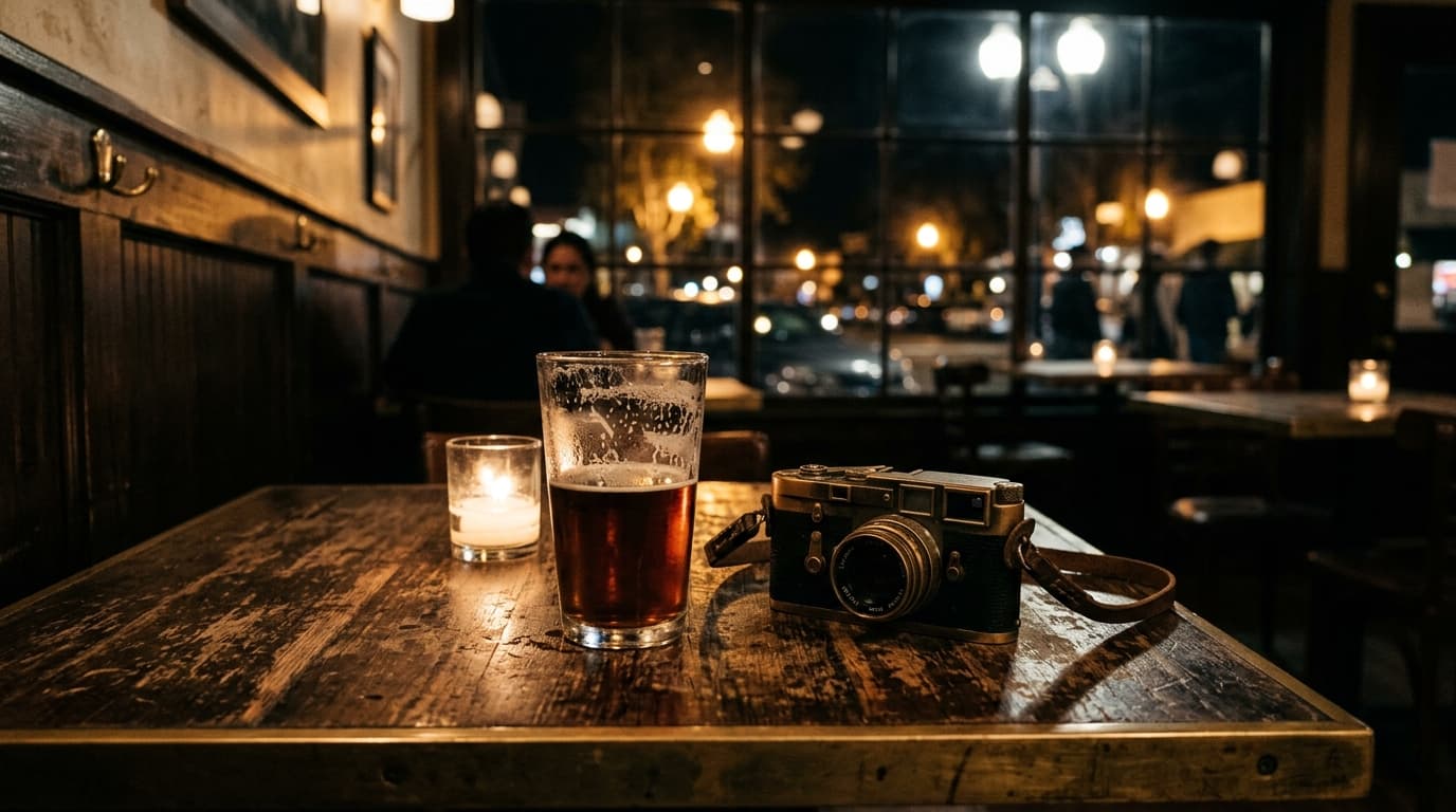 Low-angle view of a rustic wooden table in an Old Town Newhall bistro. A half-finished pint of craft beer and a vintage fi...