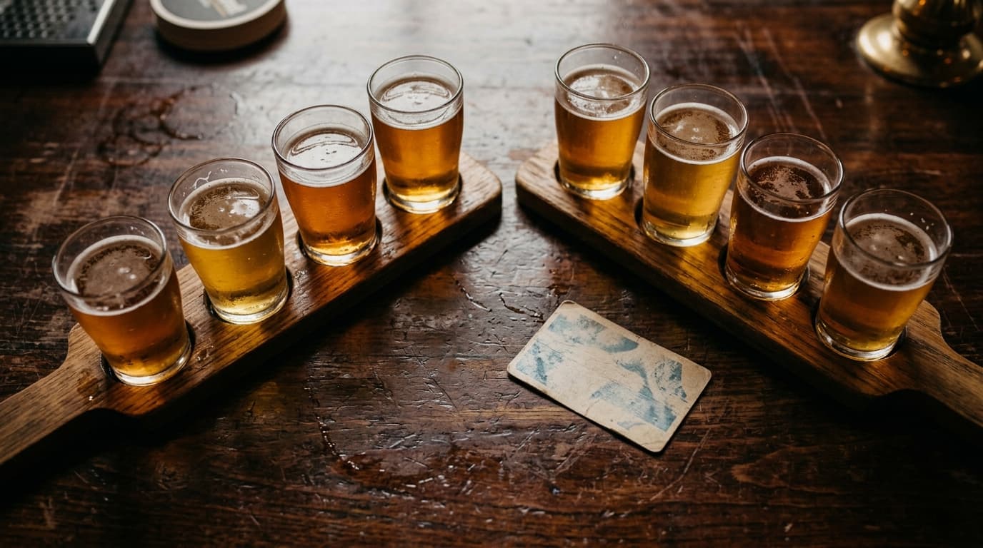 Tight 100mm macro shot of a polished wooden bar at a brewery. Two craft beer flights with half-poured amber ales sit besid...