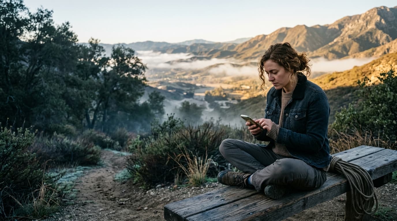 Low-angle 35mm documentary shot, offset right. A woman in a dark denim jacket sits on a Towsley Canyon trailhead bench, re...
