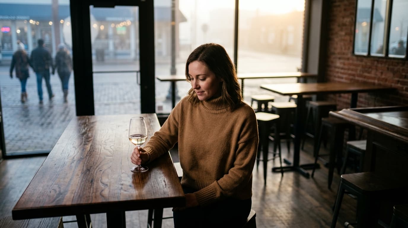 85mm portrait, shallow depth of field, offset left. A woman in a camel-colored turtleneck sits at a dark wood high-top in...