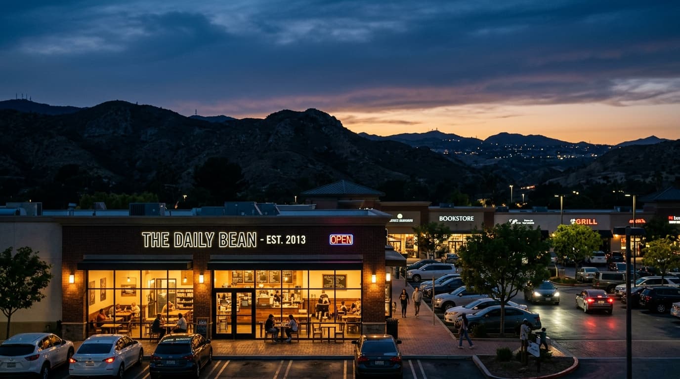 A wide shot of a suburban Santa Clarita shopping plaza at dusk, lower third dominated by the glowing, warm tungsten light...
