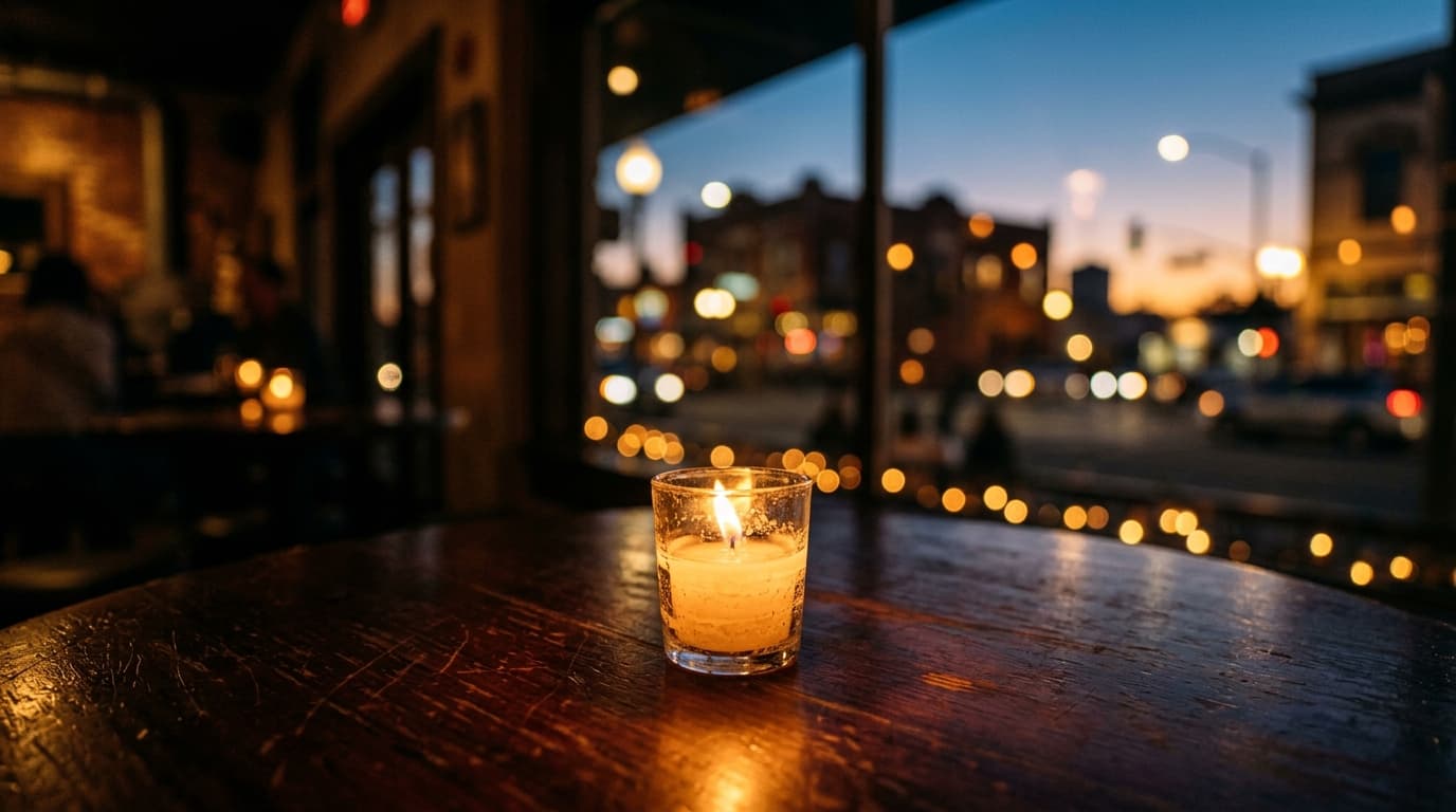 A medium shot, 100mm macro, of a flickering votive candle on a polished dark wood table at The Old Town Junction, capturin...