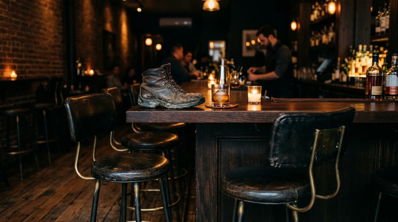 A medium shot captures two leather stools at a dimly lit Newhall cocktail bar. A single hiking boot rests near a glass of...