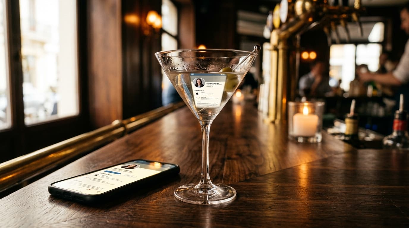 A 100mm macro shot captures a glowing smartphone screen displaying a LinkedIn profile reflected in a half-empty martini gl...