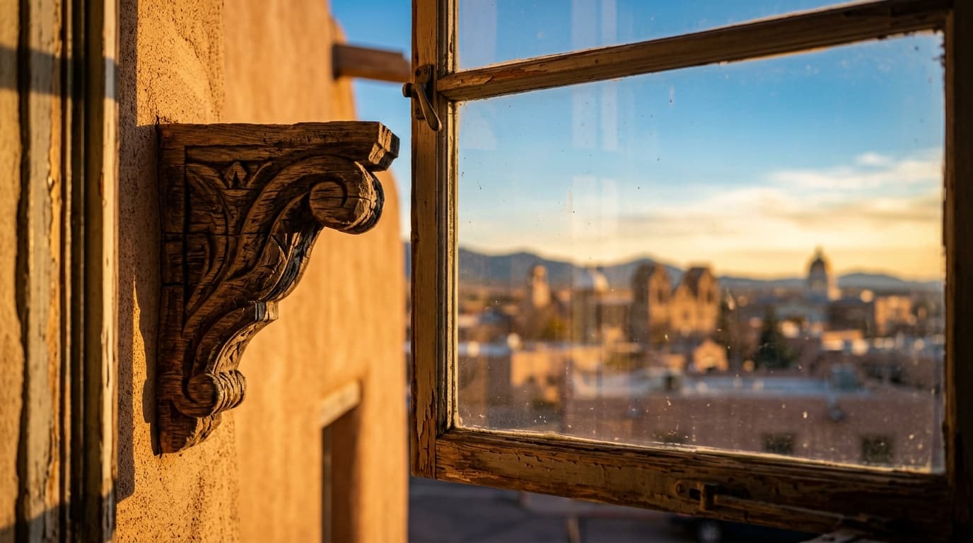A close-up, tilt-shift shot through a sun-drenched window focuses on the ornate, carved wooden corbel of a historic adobe...