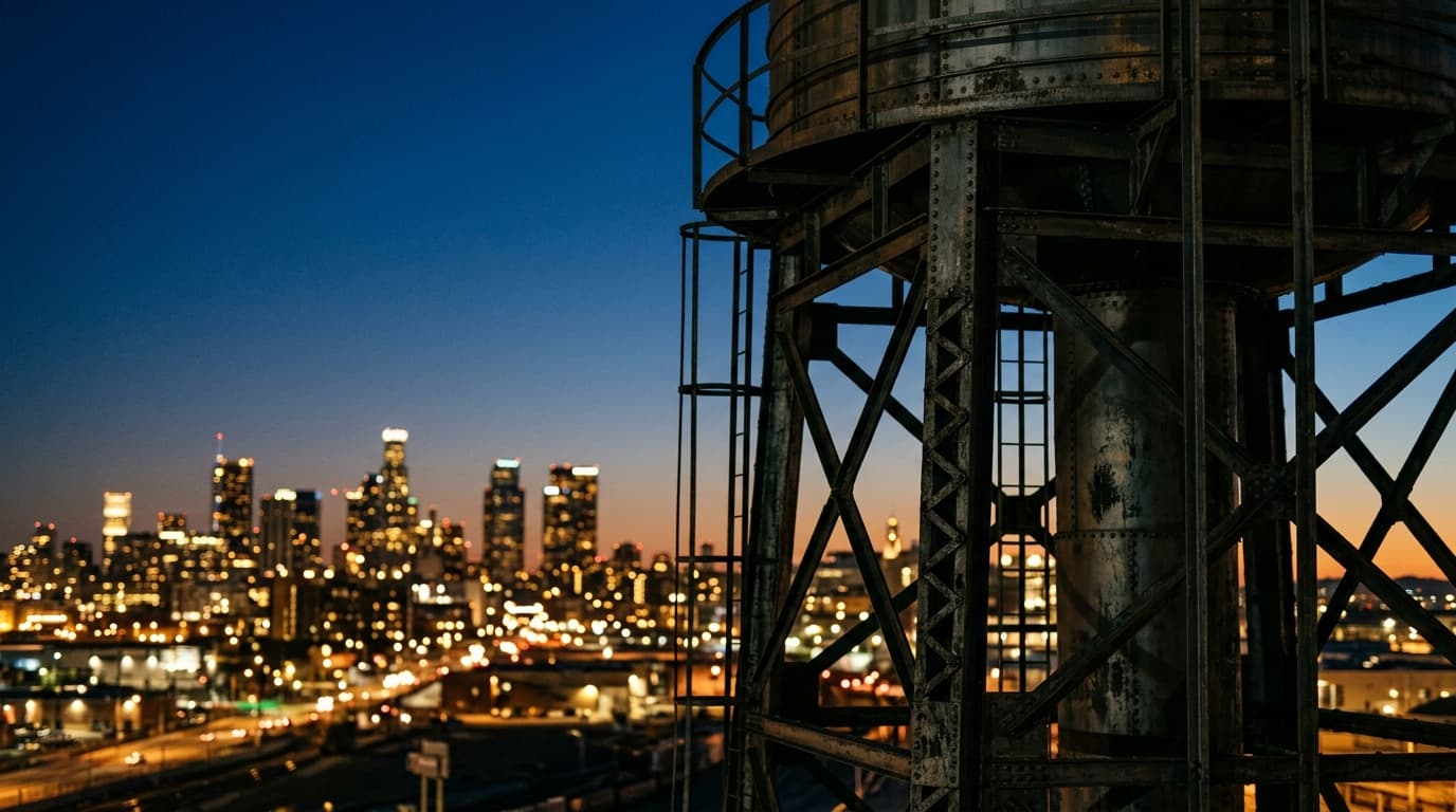 A 35mm documentary macro shot captures the weathered, dark steel silhouette of a Railyard water tower against a deep indig...