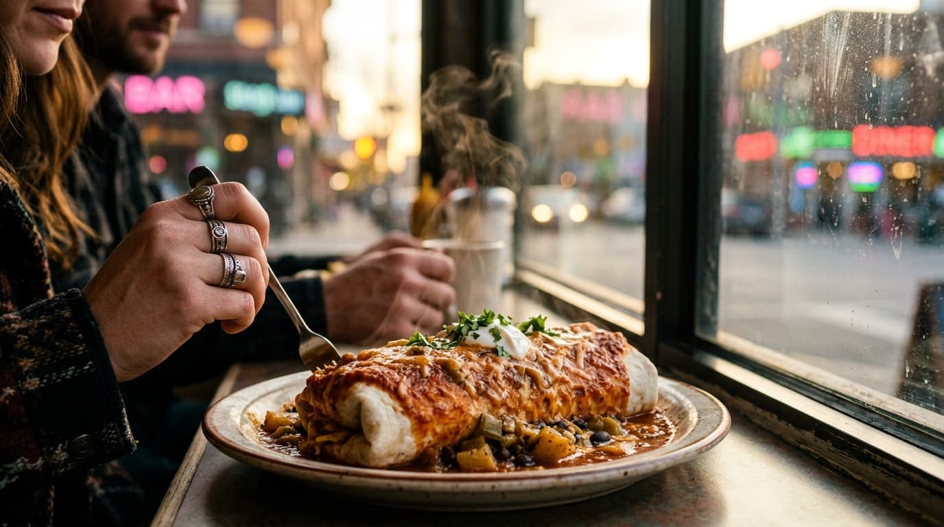 A tight 100mm macro shot captures a steaming, red-chile-smothered breakfast burrito on a ceramic plate, illuminated by cri...