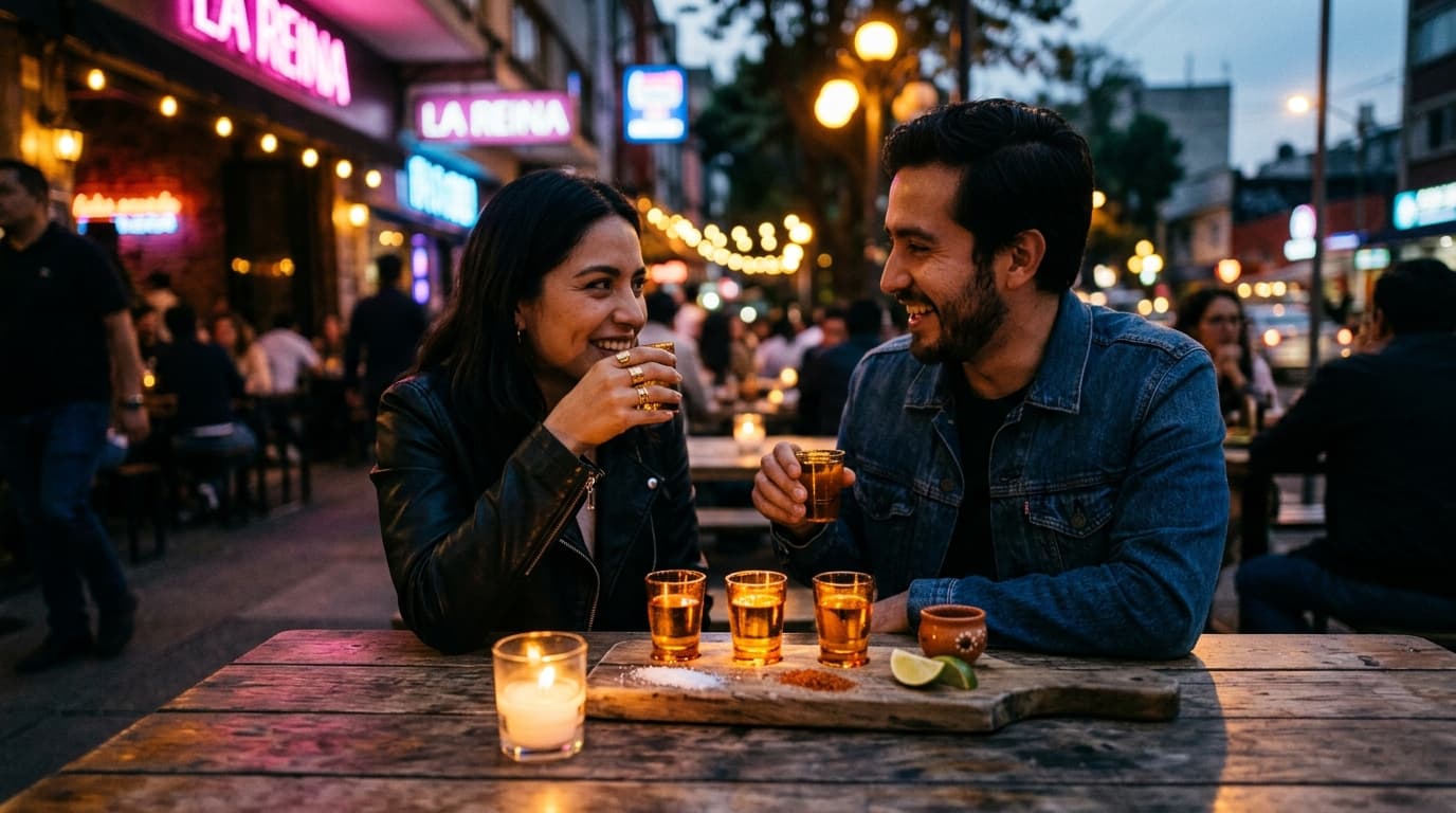 A wide-angle, low-light shot captures a couple sharing a mezcal flight at a rustic, candlelit wooden table at La Reina. Se...
