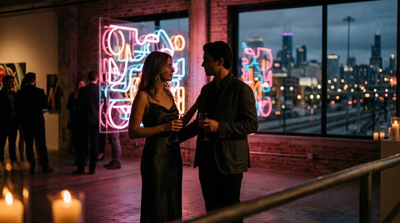 A couple stands in a dimly lit Railyard gallery, silhouetted against modern art. The woman wears a silk slip dress; the ma...
