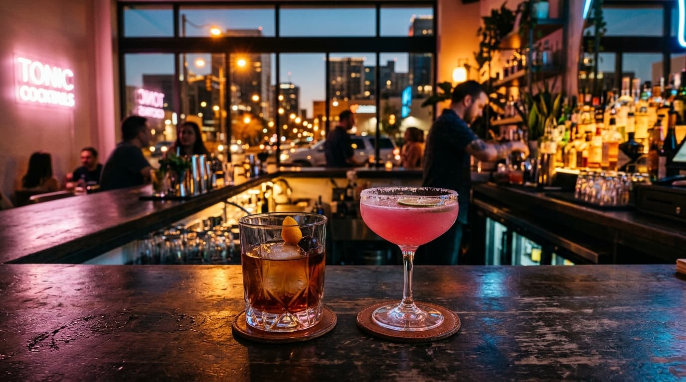 Centered 24mm wide-angle shot, noon natural light through a window, showing two half-empty artisanal cocktails on a dark b...