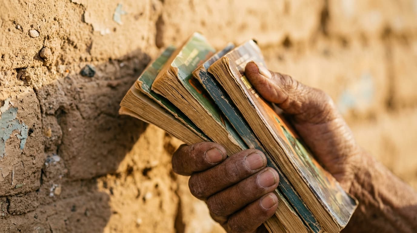 Extreme 100mm macro shot of a weathered hand holding a stack of vintage 1970s sci-fi paperbacks on a textured adobe wall a...