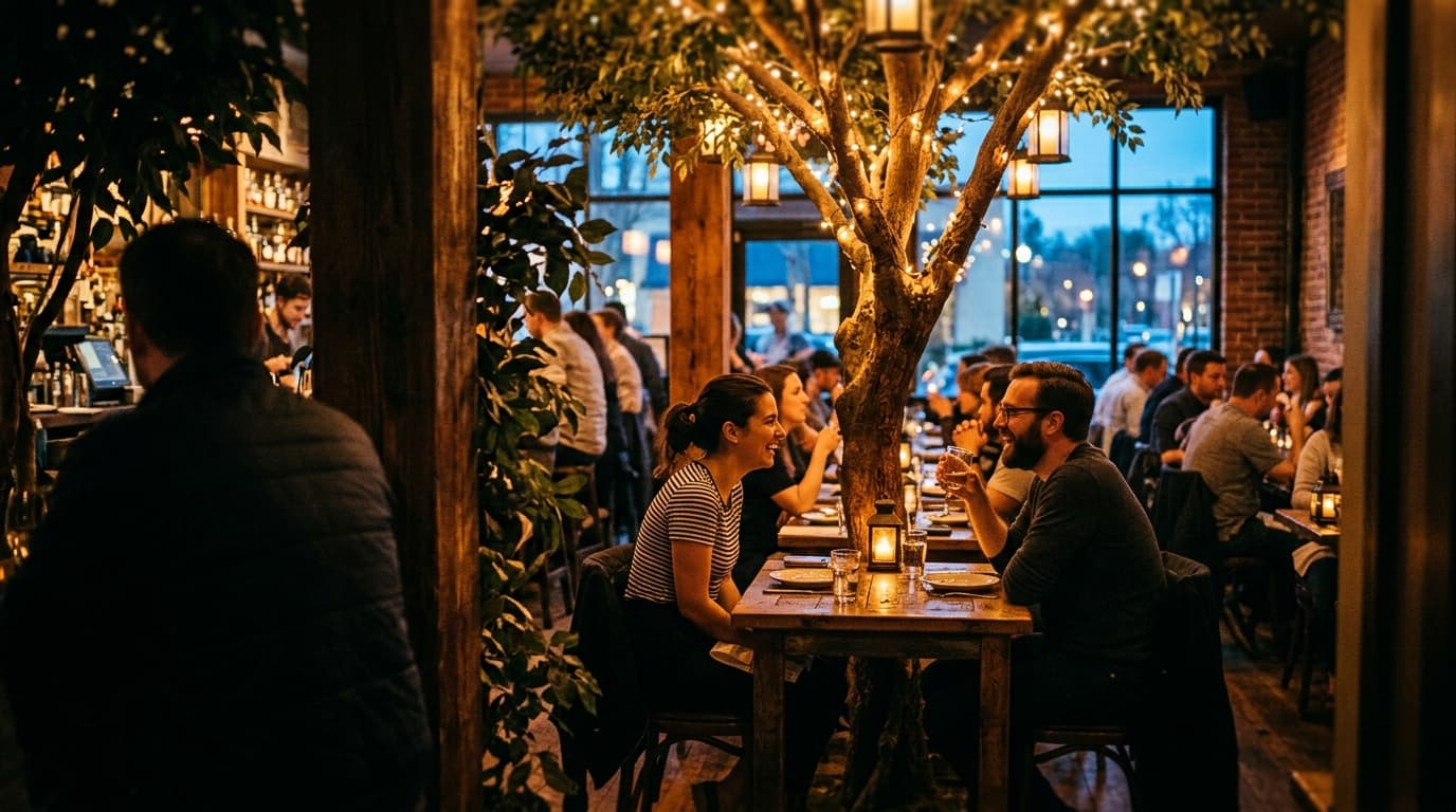 Over-the-shoulder view from a shadowed corner in The Dragon Room. A couple sits at a rustic table under the interior tree,...