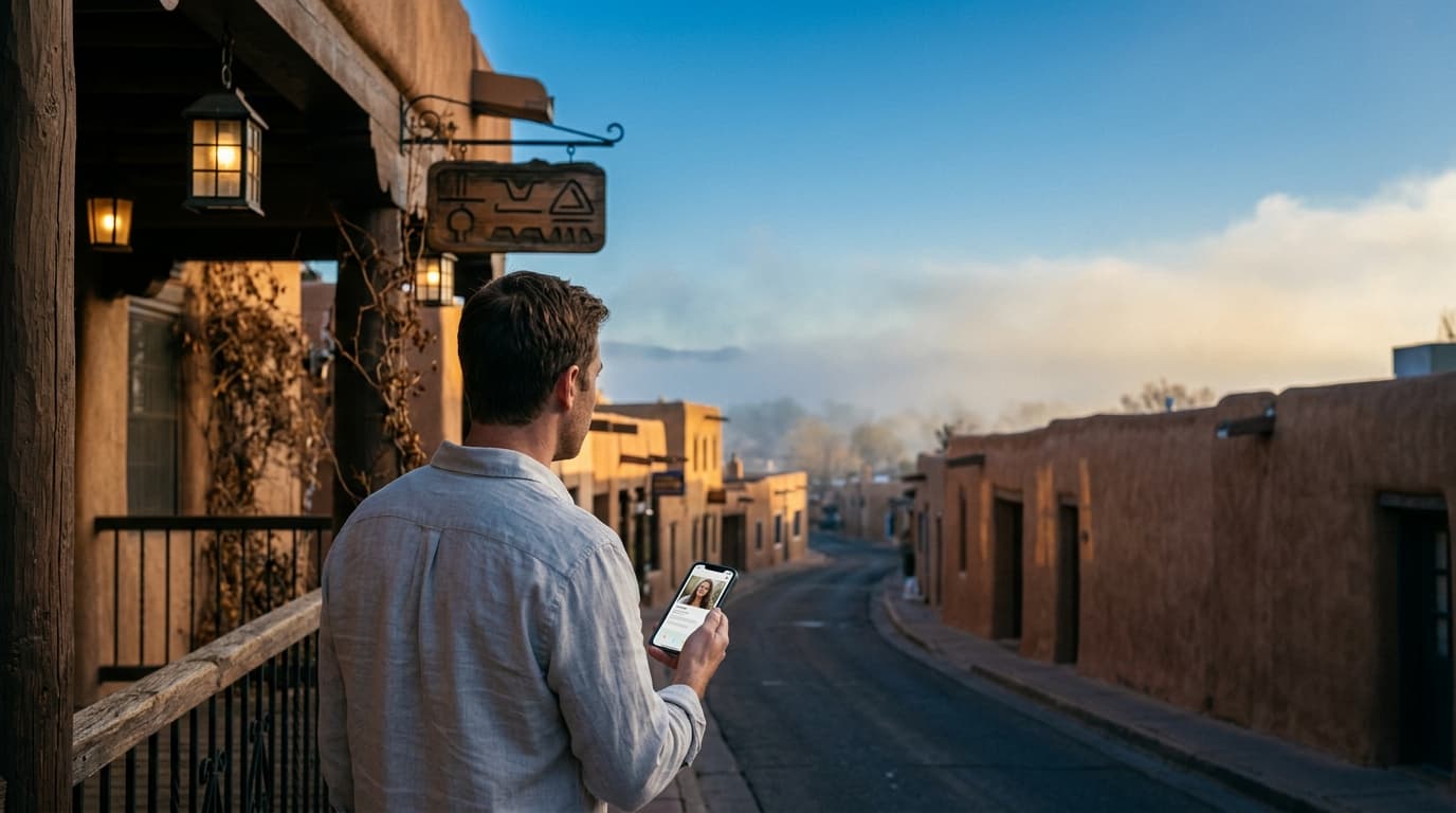 Over-the-shoulder view of a man in a linen shirt holding a smartphone displaying a Tinder profile. He stands on a Canyon R...