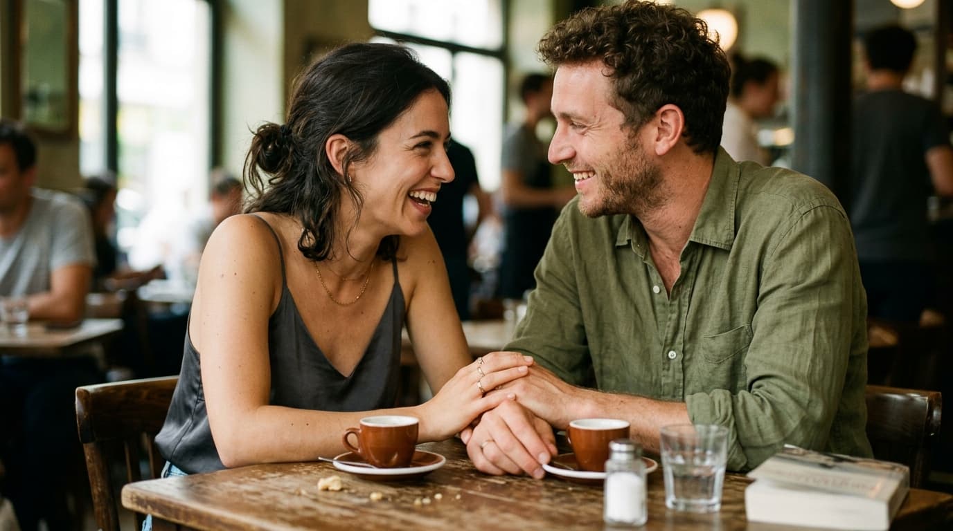 A woman in a silk camisole and a man in a linen shirt lean into each other across a cluttered bistro table, laughing while...