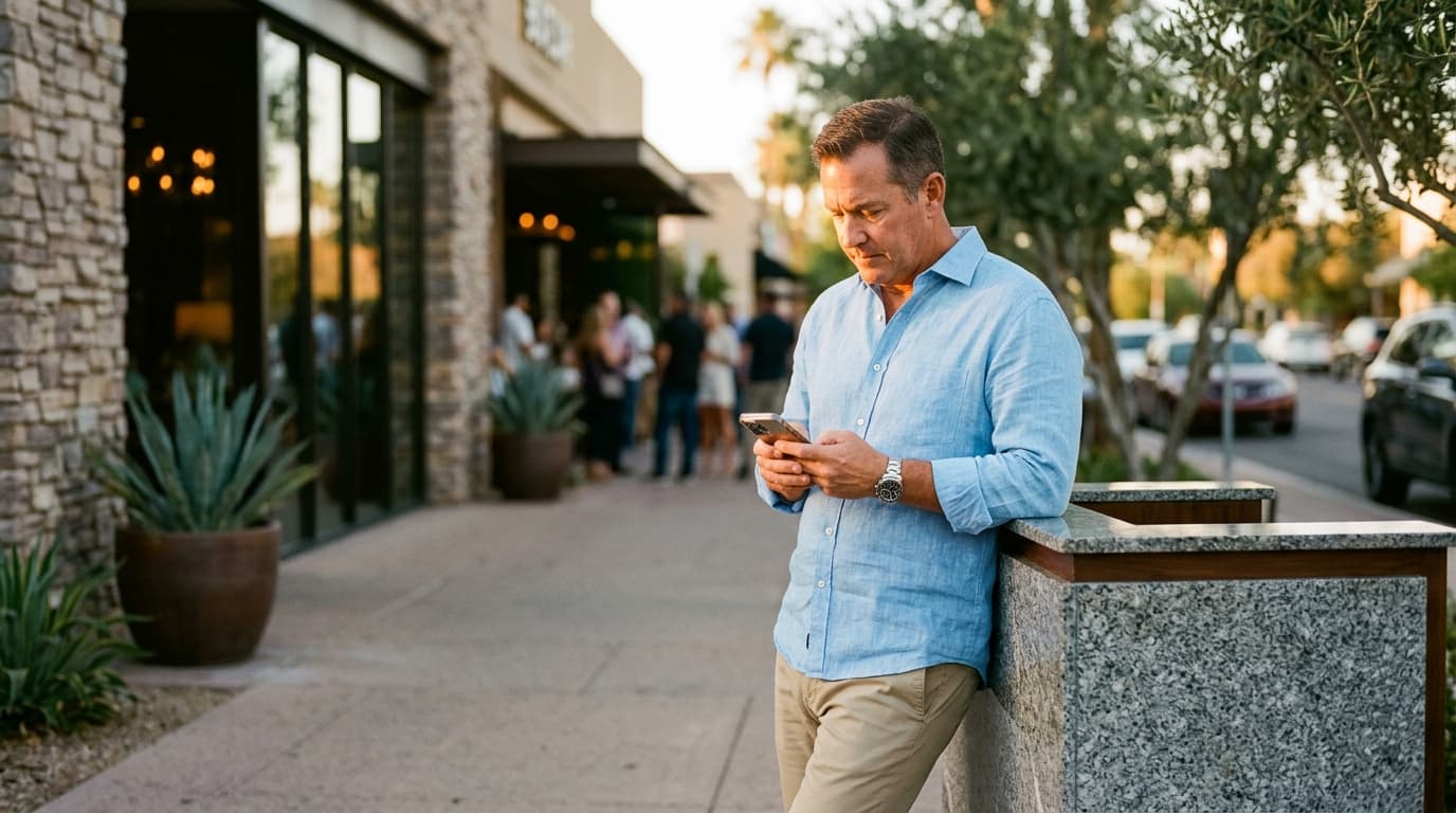 A man in a crisp linen shirt checks his smartphone while leaning against a polished stone valet stand outside a high-end S...