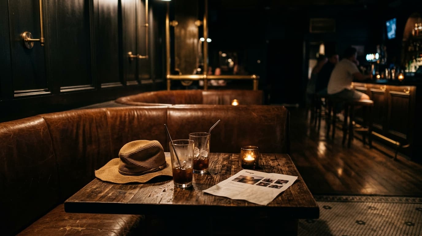 A low-angle shot of a leather booth in a dim Scottsdale bar. A crumpled sun hat rests on a wooden table beside two half-em...