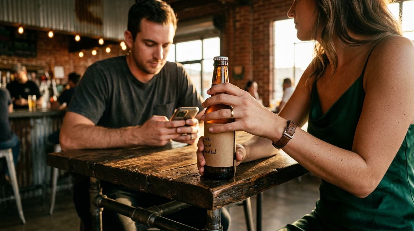 Golden hour 35mm documentary shot. A woman in a silk slip dress guards her hand-bottled beer on a high-top table, watching...