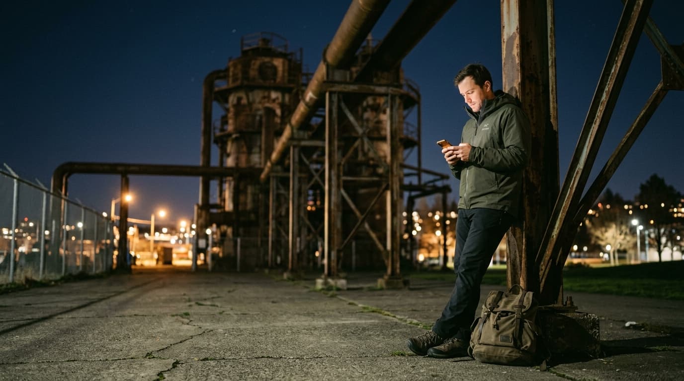 A low-angle 35mm shot at Gas Works Park at midnight. A man in a technical Gorpcore shell jacket leans against a rusted ind...