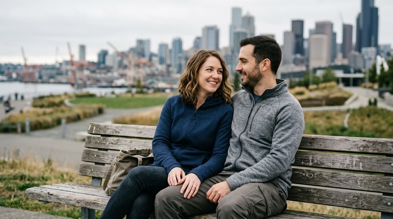 An 85mm portrait shot, shallow depth of field. A couple in casual tech-fleece jackets sits on a weathered park bench at Ol...