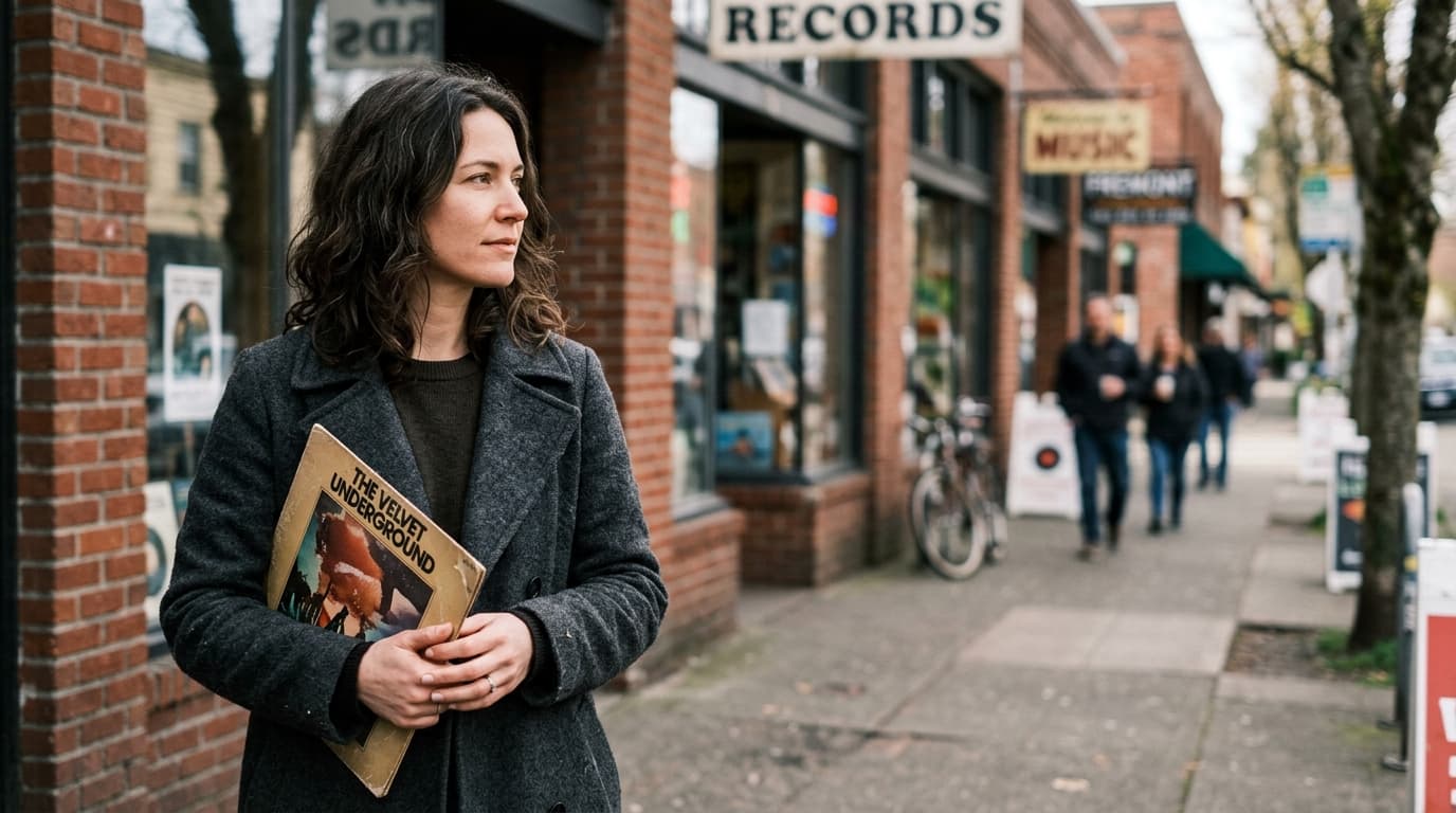 A woman in a charcoal wool coat stands on a Fremont sidewalk, illuminated by soft noon light. She holds a vintage vinyl re...