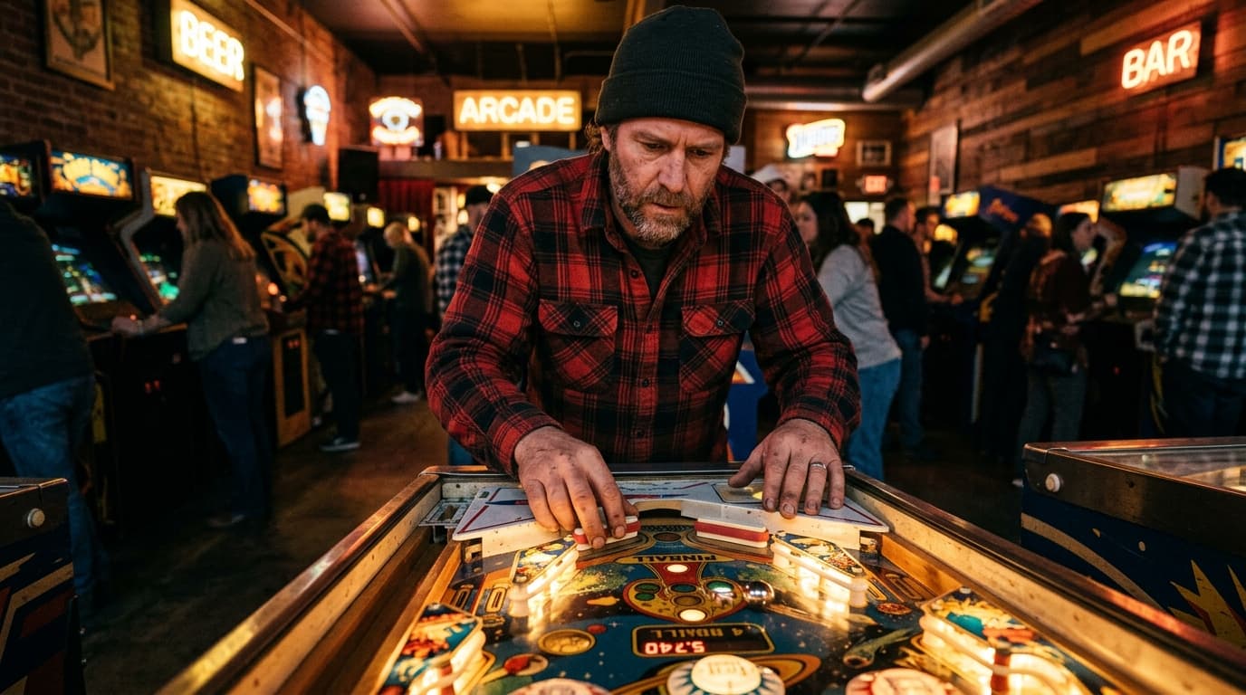 A 24mm wide-angle shot of a glowing vintage pinball machine at Add-a-Ball. A man in a flannel shirt leans in, fingers pois...