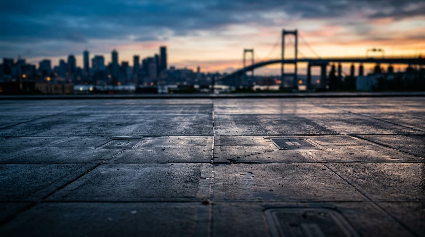An overhead flat-lay of a damp, gray concrete sidewalk in Ballard, captured with tilt-shift selective focus. Leading lines...