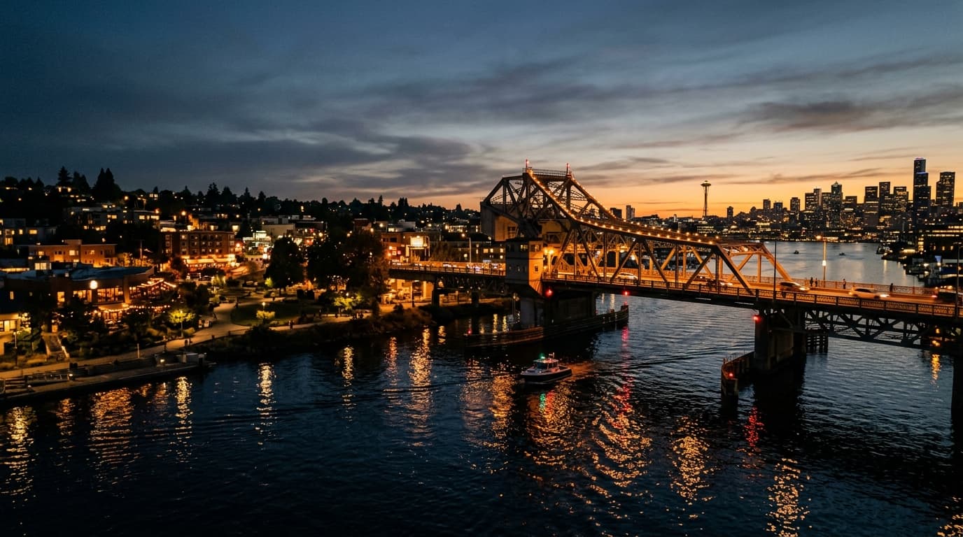 A wide 35mm establishing shot of the Fremont Bridge glowing under night sky. Warm tungsten lights reflect off the dark can...