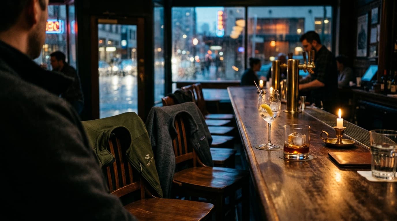 Over-the-shoulder view from a dim Seattle bar, focusing on two abandoned cocktail glasses and a pair of high-end technical...