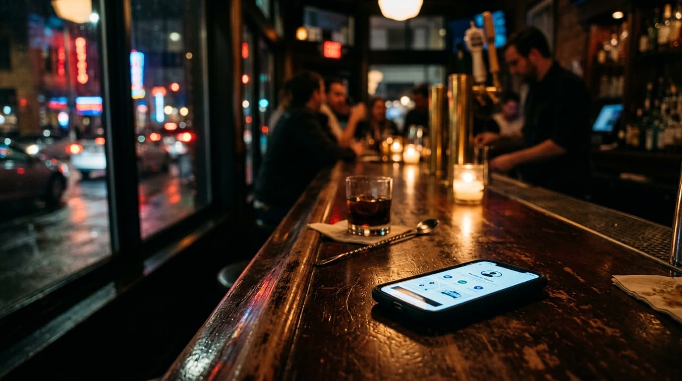A low-angle shot of a Belltown bar counter, focusing on a single smartphone displaying a profile verification screen next...
