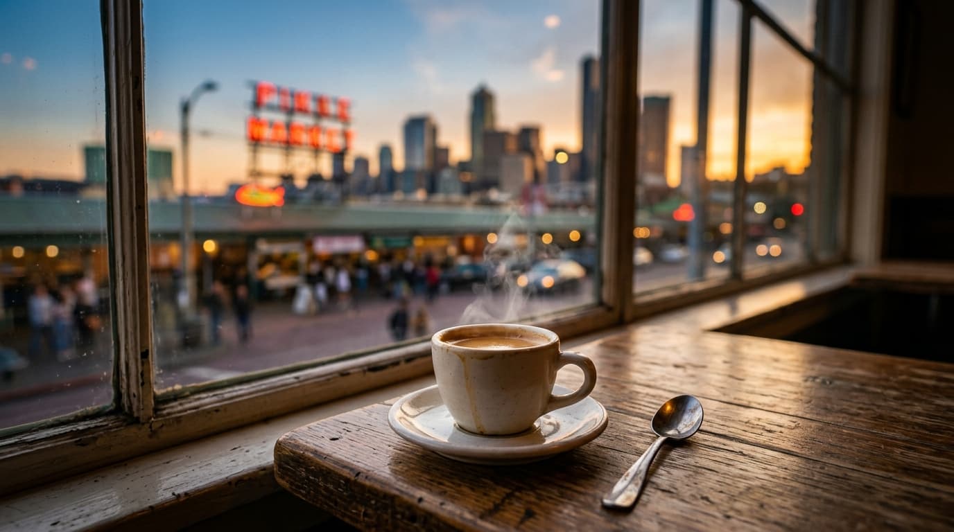 A tilt-shift close-up of a warm, wooden bistro table inside an airy cafe, focusing on a steaming porcelain espresso cup, w...