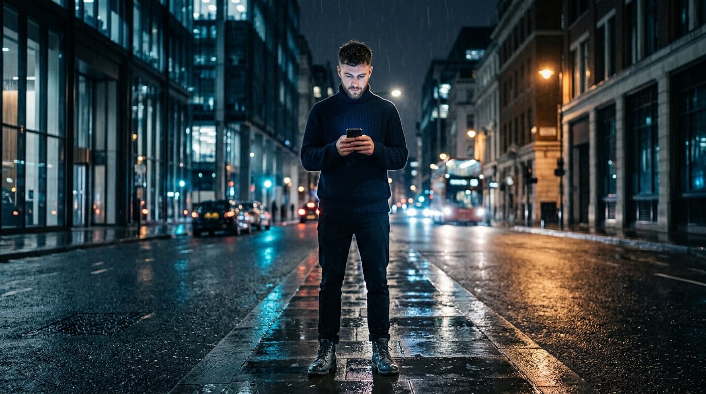 A man in a sharp navy wool turtleneck stands centered on a rain-slicked city sidewalk. He gazes intensely at his phone, th...