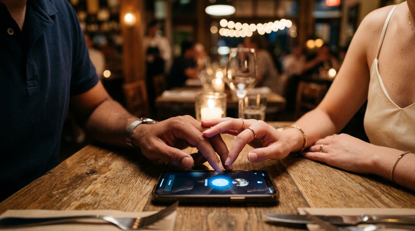 An extreme macro of a man in a navy polo and a woman in a silk camisole, their fingers lightly touching near a smartphone...