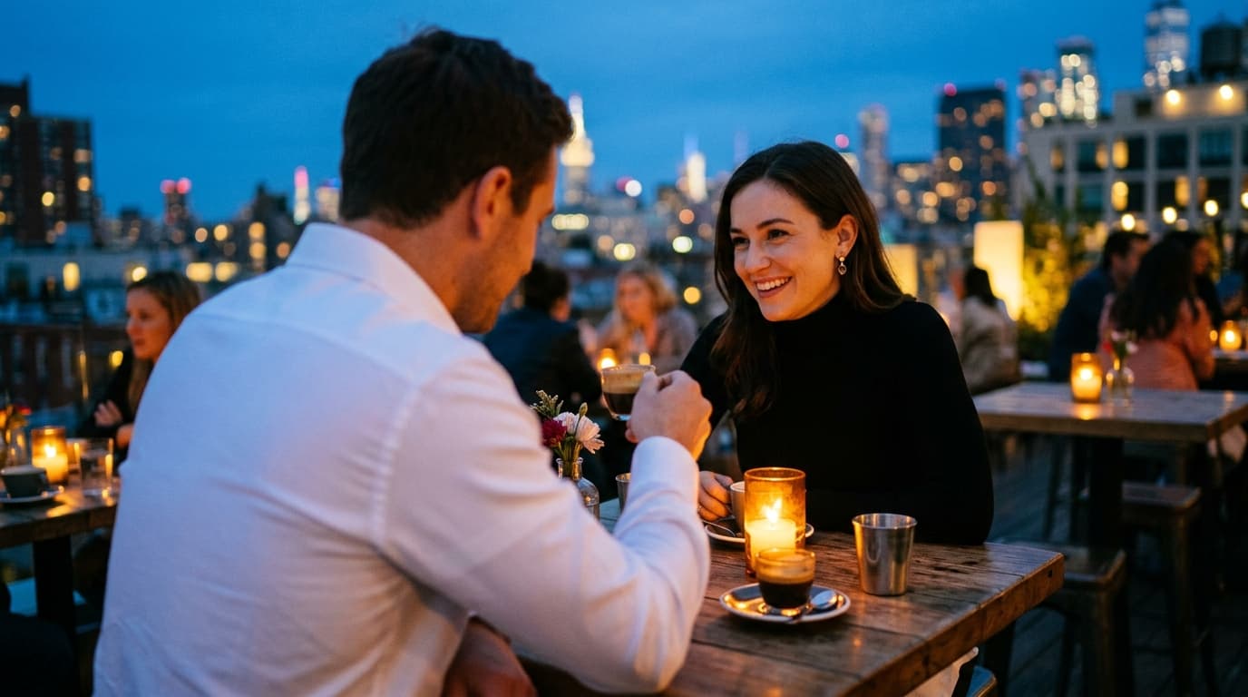 An over-the-shoulder view captures a man in a crisp white dress shirt and a woman in a black turtleneck sharing an espress...