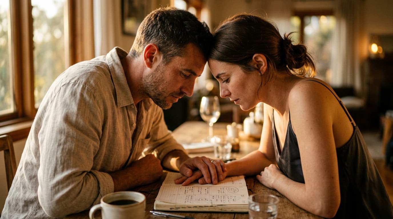 A man in a linen shirt and a woman in a silk camisole sit at a cluttered dining table, hands resting together over two ope...