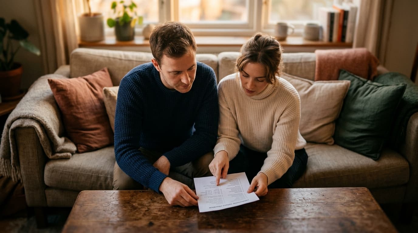 Side-profile eye-level shot in a sunlit living room. A man in a navy sweater and a woman in a cream turtleneck sit close,...