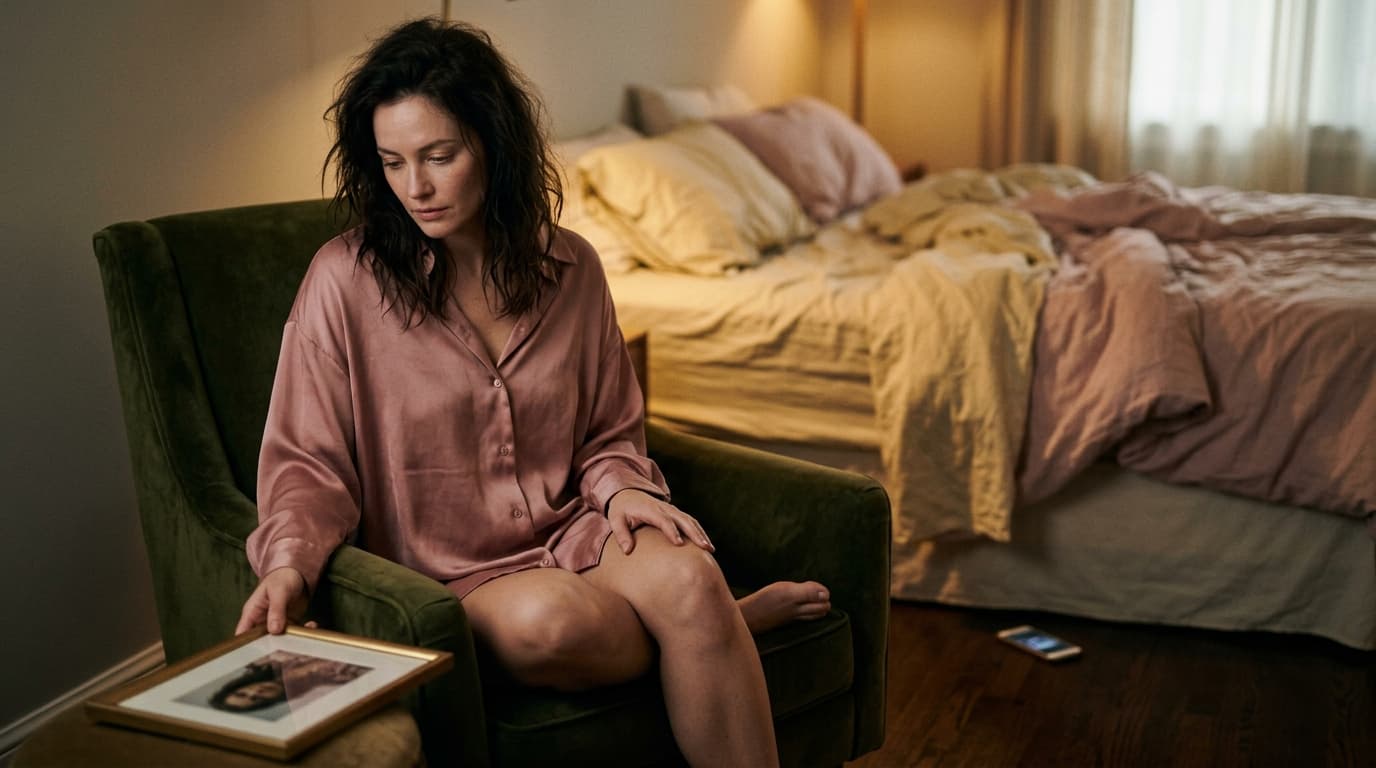 A woman sits on a velvet armchair, wearing an oversized silk shirt, looking at a framed photo face-down on the floor. Rump...