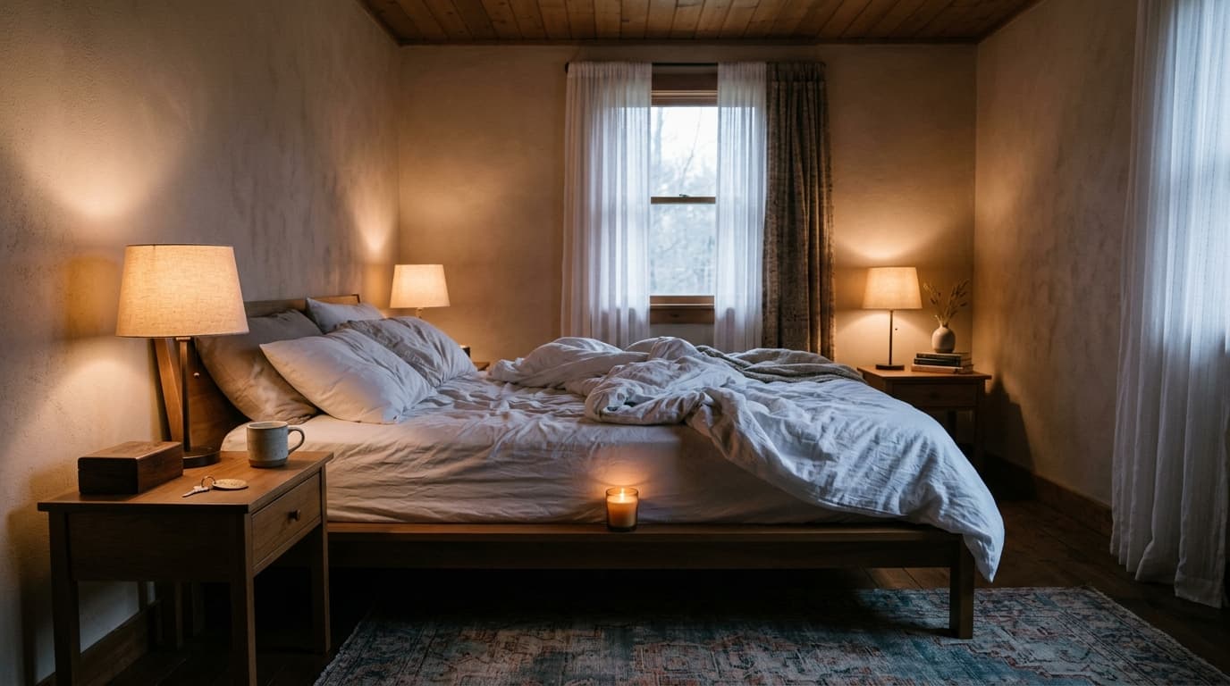 Centered wide-angle shot of a bedroom. An unmade bed with tangled white sheets sits between two bedside lamps. One nightst...